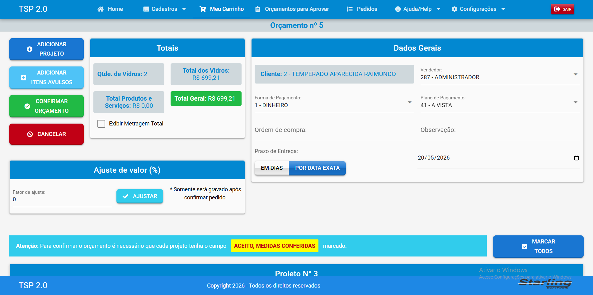 Tela de orçamento do TSP 2.0